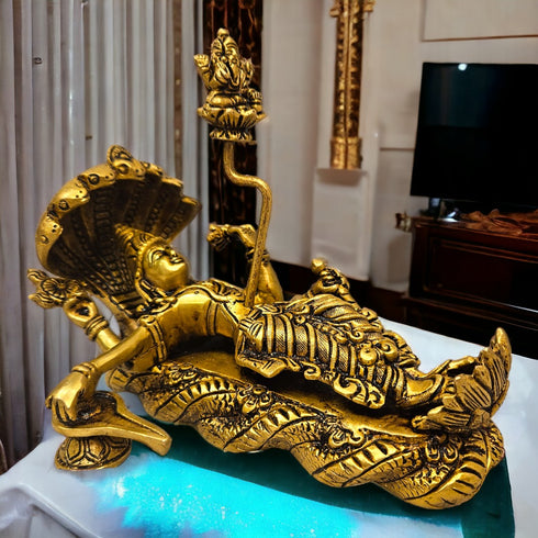 Tamas Brass Lord Vishnu Bhagwan Resting on Sheshnag Touching Shiva Lingam Brahma from Navel Statue/Idol