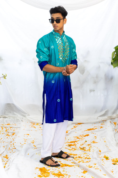 Kzari Blue Shaded Kurta with Mirror Neck Detail