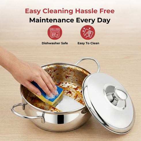 Vinod Stainless Steel Milano Plain Serving Casserole with Steel Lid and Side Handles 2000 ml Highest grade Stainless Steel Mirror Finish Rust Free