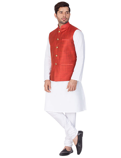 VASTRAMAY Men's White Cotton Blend Kurta, Ethnic Jacket and Pyjama Set