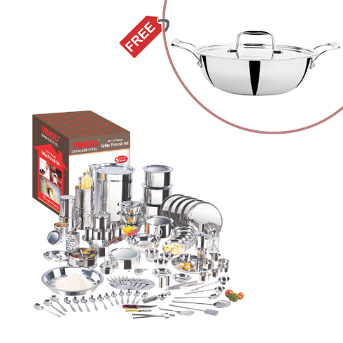 Vinod 114 Pieces Deluxe Griha Pravesh Set with Complimentary Pawali and Kadai Ideal for Weddings and Housewarming Gifting