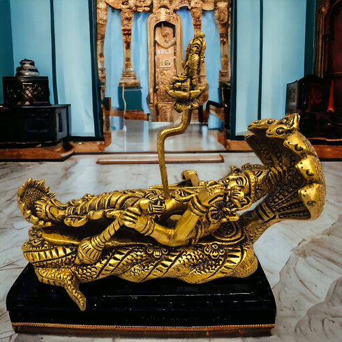 Tamas Brass Lord Vishnu Bhagwan Resting on Sheshnag Touching Shiva Lingam Brahma from Navel Statue/Idol