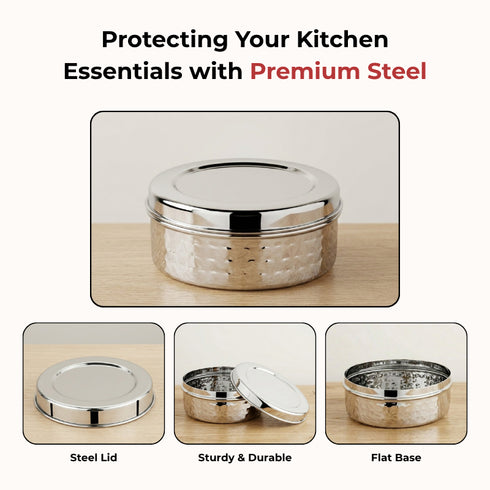 Vinod Stainless Steel Hammered Puri Dabba Set of 4 Capacity 300 ml 450 ml 650 ml 1000 ml Heavy Gauge Steel Airtight Lids Rust Free