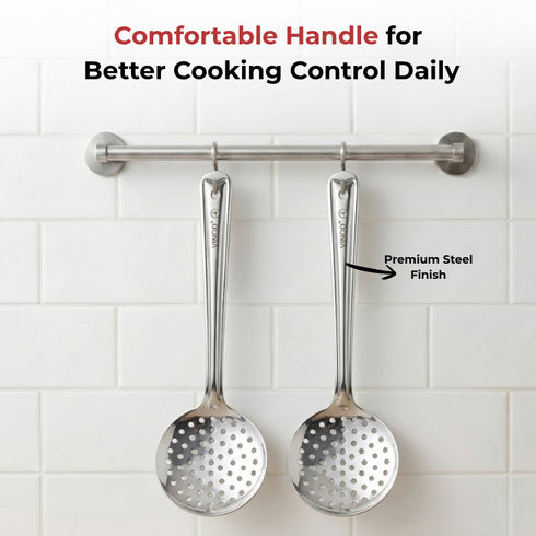 Vinod Stainless Steel Cooking Skimmer Steel Jharni Jhara Set of 2 34 cm Highest Grade Stainless Steel Mirror Finish Rust Free No 5
