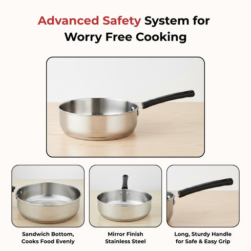 Vinod DONIV Stainless Steel Sandwich Bottom Solitaire Fry Pan 22 cms Induction Friendly Capacity 2.2 Liter