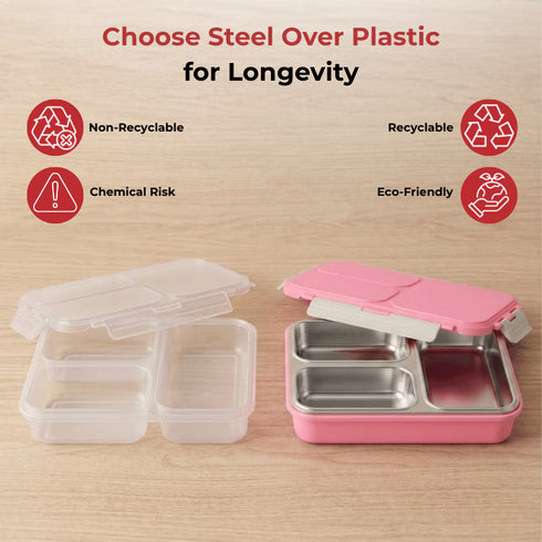 Vinod Stainless Steel Tiffin 3 Compartment Pink Airtight Silicone Sealed Lid Insulated Food Grade Steel Secure Side Clips