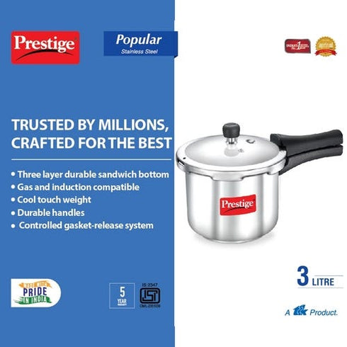 Prestige Popular Stainless Steel Gas And Induction Compatible Pressure Cooker Silver 2 L