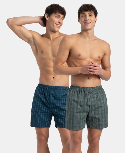 Jockey Super Combed Mercerized Cotton Woven Checkered Boxer Shorts with Back Pocket | Dark Forest & Seaport Teal (Pack of 2)