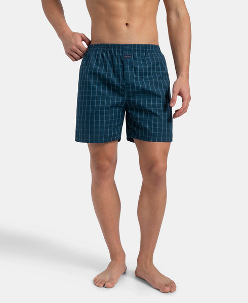 Jockey Super Combed Mercerized Cotton Woven Checkered Boxer Shorts with Back Pocket | Dark Forest & Seaport Teal (Pack of 2)