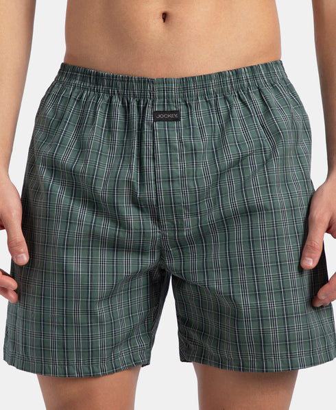 Jockey Super Combed Mercerized Cotton Woven Checkered Boxer Shorts with Back Pocket | Dark Forest & Seaport Teal (Pack of 2)