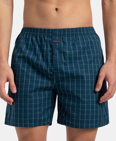 Jockey Super Combed Mercerized Cotton Woven Checkered Boxer Shorts with Back Pocket | Dark Forest & Seaport Teal (Pack of 2)