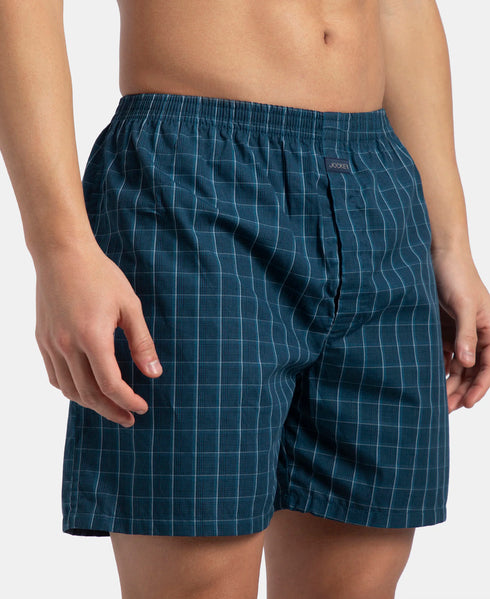 Jockey Super Combed Mercerized Cotton Woven Checkered Boxer Shorts with Back Pocket | Dark Forest & Seaport Teal (Pack of 2)