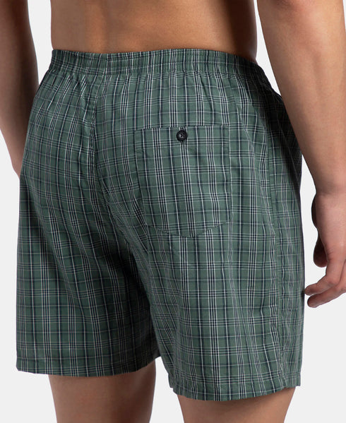 Jockey Super Combed Mercerized Cotton Woven Checkered Boxer Shorts with Back Pocket | Dark Forest & Seaport Teal (Pack of 2)