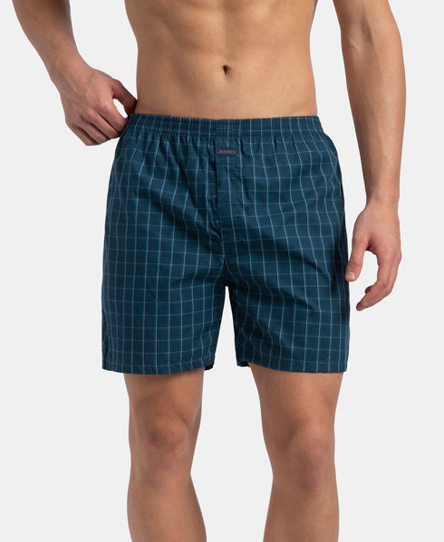 Jockey Super Combed Mercerized Cotton Woven Checkered Boxer Shorts with Back Pocket | Dark Forest & Seaport Teal (Pack of 2)