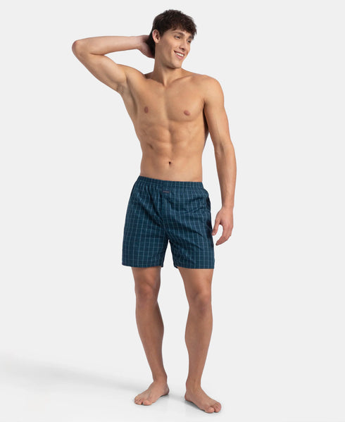 Jockey Super Combed Mercerized Cotton Woven Checkered Boxer Shorts with Back Pocket | Dark Forest & Seaport Teal (Pack of 2)