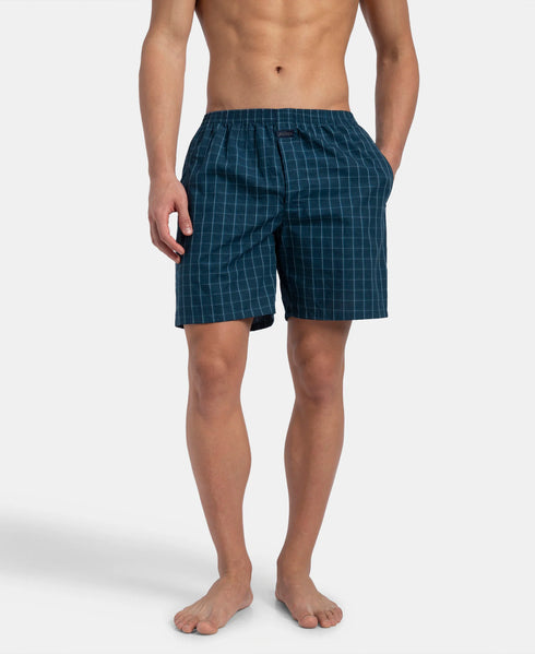 Jockey Super Combed Mercerized Cotton Woven Checkered Boxer Shorts with Side Pocket | Dark Forest & Seaport Teal (Pack of 2)