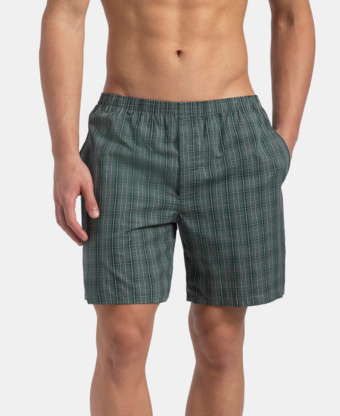 Jockey Super Combed Mercerized Cotton Woven Checkered Boxer Shorts with Side Pocket | Dark Forest & Seaport Teal (Pack of 2)