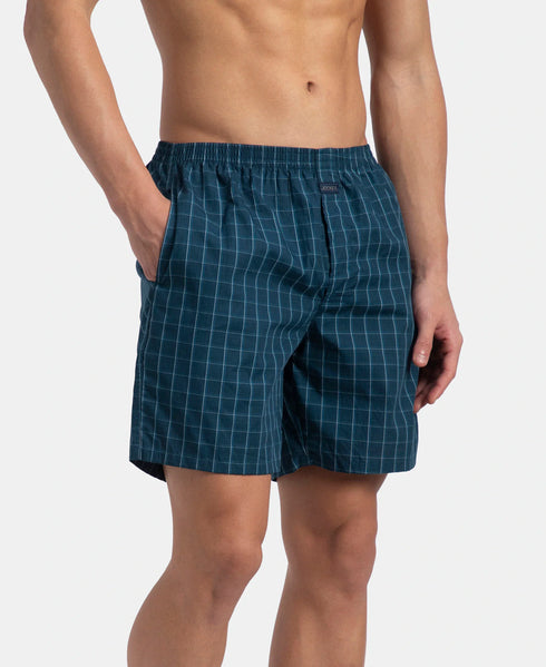 Jockey Super Combed Mercerized Cotton Woven Checkered Boxer Shorts with Side Pocket | Dark Forest & Seaport Teal (Pack of 2)