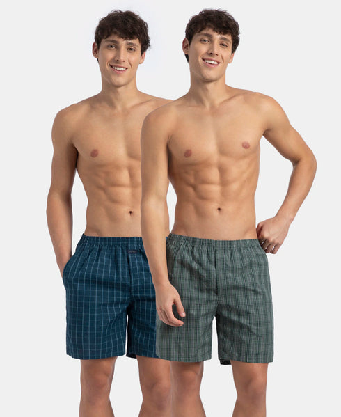 Jockey Super Combed Mercerized Cotton Woven Checkered Boxer Shorts with Side Pocket | Dark Forest & Seaport Teal (Pack of 2)