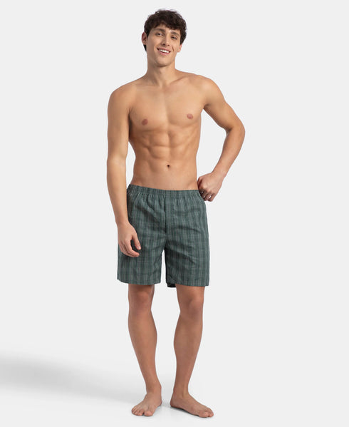Jockey Super Combed Mercerized Cotton Woven Checkered Boxer Shorts with Side Pocket | Dark Forest & Seaport Teal (Pack of 2)