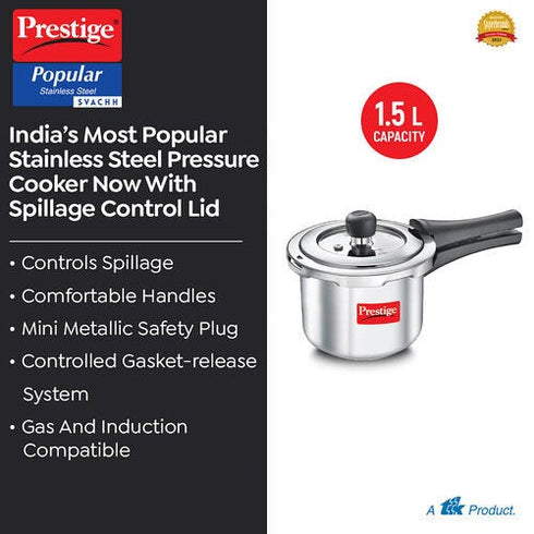 Prestige Svachh Popular Spillage Control Stainless Steel Pressure Cooker Silver 1.5 L