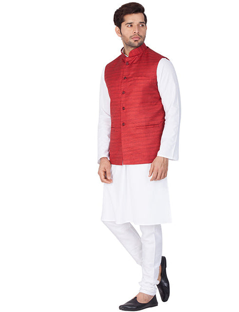 Vastramay Men's White Cotton Blend Kurta, Ethnic Jacket and Pyjama Set