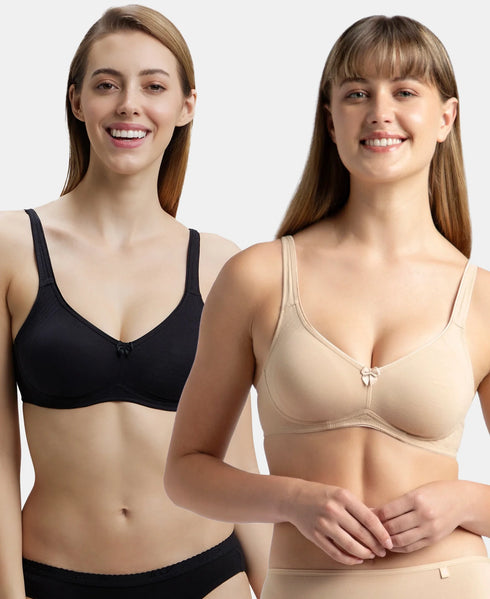Jockey Pack of 2 Wirefree Non Padded Cotton Stretch Full Coverage Everyday Bra - Black & Skin