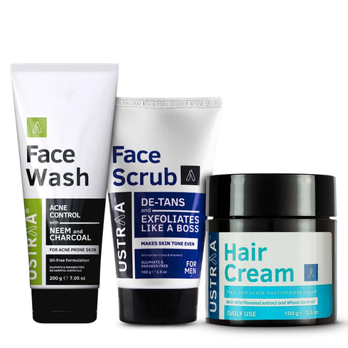 USTRAA Face Scrub De-tan, Face Wash (Neem Charcoal) & Hair Cream (Daily Use)