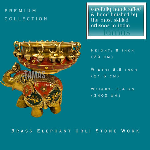 Tamas Brass Elephant Urli Stone Work (Multicolor)