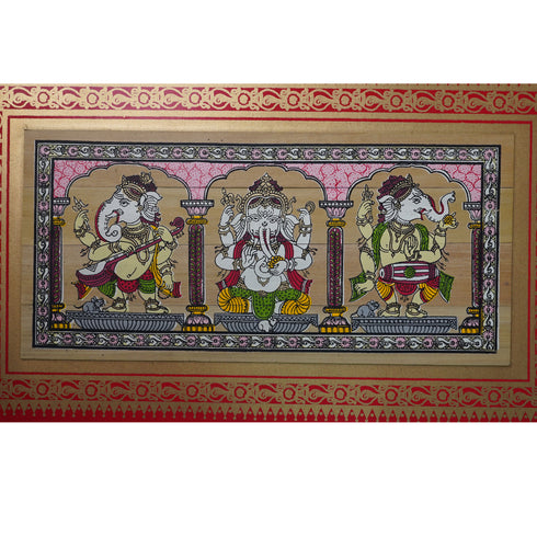 Palm Leaf Handmade Painting of Three Lord Ganesha