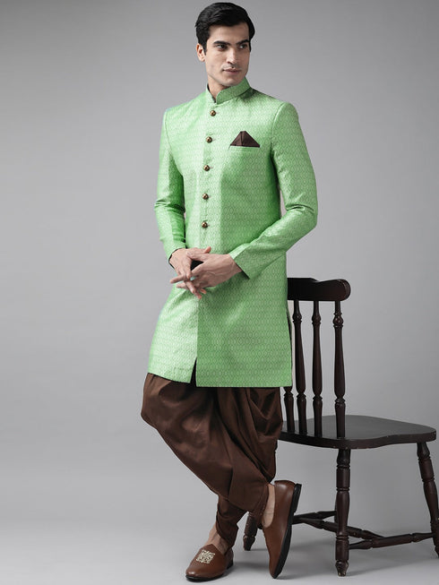 Vastramay Men's Green And Coffee Silk Blend Sherwani Set