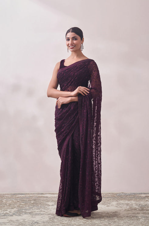 Mohey Dark Magenta Embroidered Organza Saree