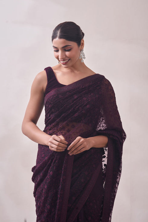 Mohey Dark Magenta Embroidered Organza Saree