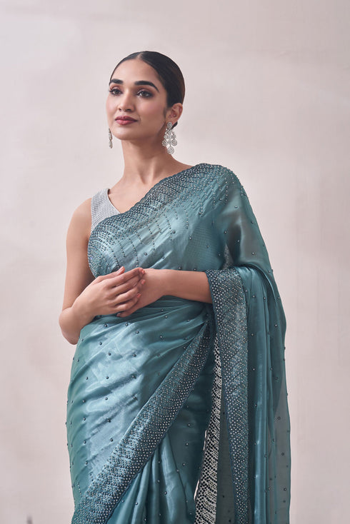 Mohey Teal Blue Stone Embellished Saree