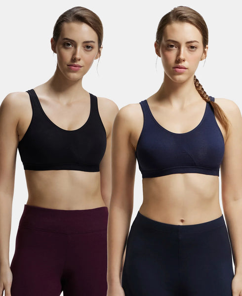 Jockey Pack of 2 Wirefree Non Padded Cotton Stretch Full Coverage Slip-On Active Bra with Wider Straps and Moisture Move Treatment - Black & Navy