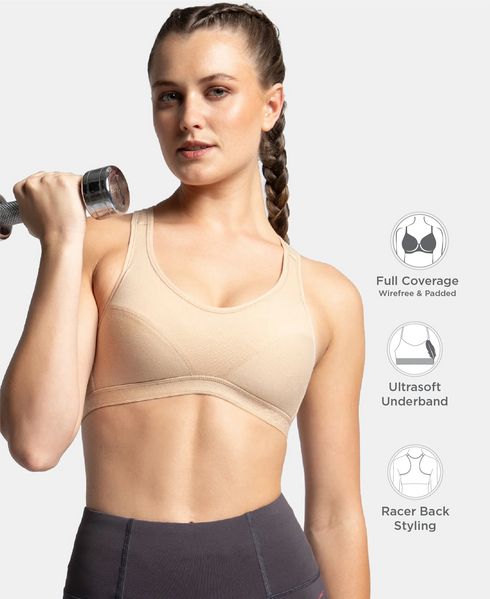Jockey Wirefree Padded Cotton Stretch Full Coverage Racerback Active Bra with StayFresh and Moisture Move Treatment - Skin
