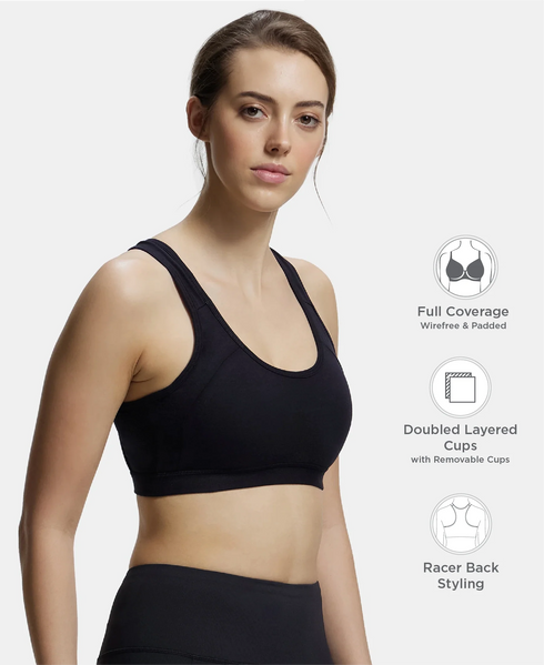 Jockey Wirefree Padded Cotton Stretch Full Coverage Racerback Styling Active Bra with StayFresh and Moisture Move Treatment - Black