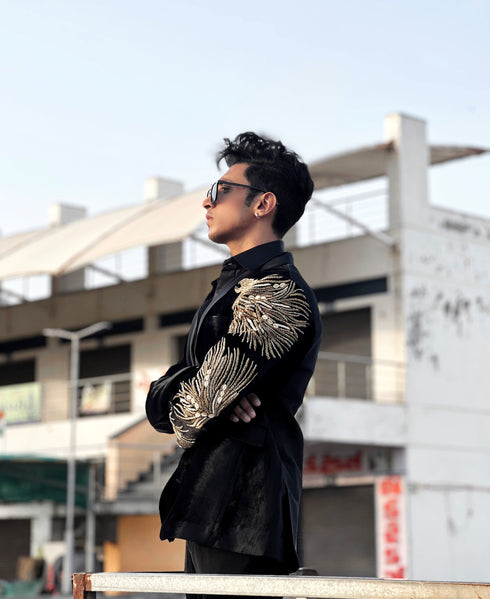 Kzari Handcrafted Embroidered Silk Blazer with Pants