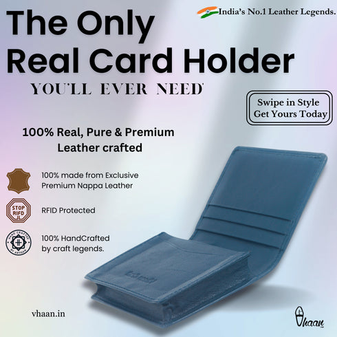 Vhaanfootwear Premium Leather Card Holder with Protective Cover by Vhaan Blue