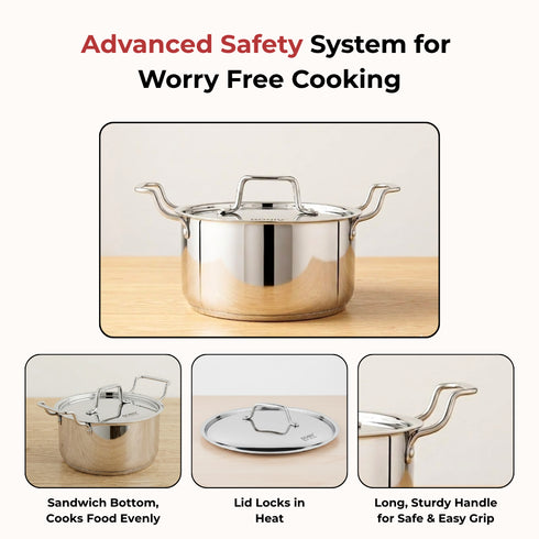 Vinod Doniv Majestic Stainless Steel Sandwich Bottom Sauce Pot With Lid 22 cm 4.5 ltr Induction Friendly