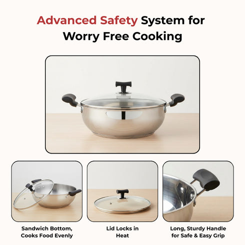 Vinod DONIV Stainless Steel Sandwich Bottom Solitaire Kadai With Glass Lid and Side handle Induction Friendly Capacity 4 Ltr 26cm