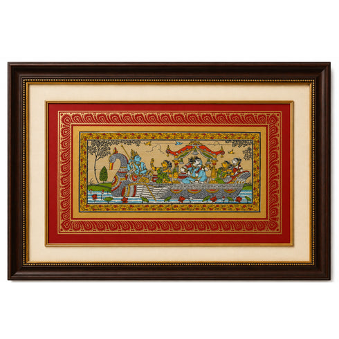 Palm Leaf Handmade Painting of Lord Krishna on Peacock Boat