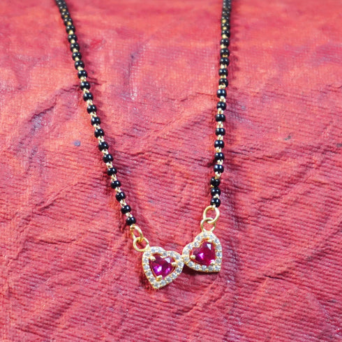 22 Carat Gold Black Beads With Pink And White Stone Heart Mangalsutra 6.34g by Mahita Collections