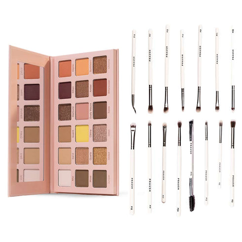 Praush Omni Nude Eyeshadow Palette + Eye Brush Set (15 pcs) Bundle