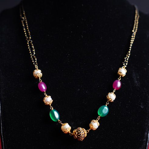 22 Carat Gold Double Line Black Beads With GreenPink And White Stone Mangalsutra 9.48g by Mahita Collections