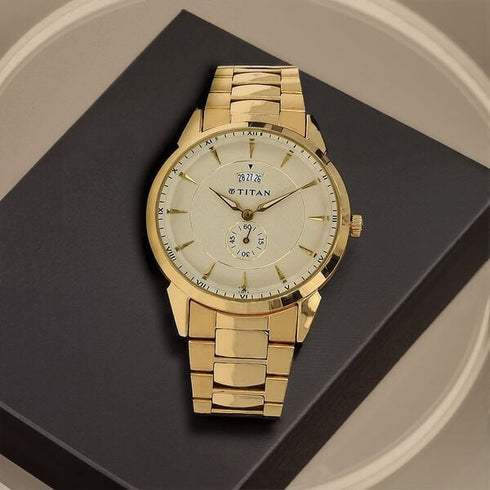 Titan Quartz Analog with Date Champagne Dial Stainless Steel Strap