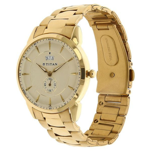 Titan Quartz Analog with Date Champagne Dial Stainless Steel Strap