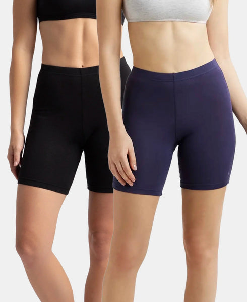 Jockey High Coverage Cotton Shorties With Concealed Waistband | Black & Classic Navy | Pack of 2