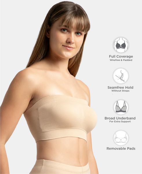 Jockey Wirefree Padded Micro Touch Nylon Stretch Bandeau Bra with Removable Pads and Detachable Transparent Straps - Light Skin