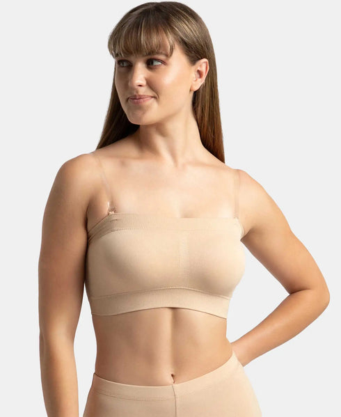 Jockey Wirefree Padded Micro Touch Nylon Stretch Bandeau Bra with Removable Pads and Detachable Transparent Straps - Light Skin